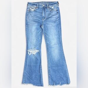 American Eagle Super High-Rise Flare Jeans - Size 2 Reg - Distressed Raw Hem